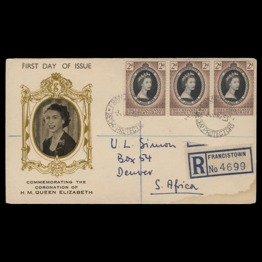 Bechuanaland 1953 (FDC) 2d Coronation strip, FRANCISTOWN
