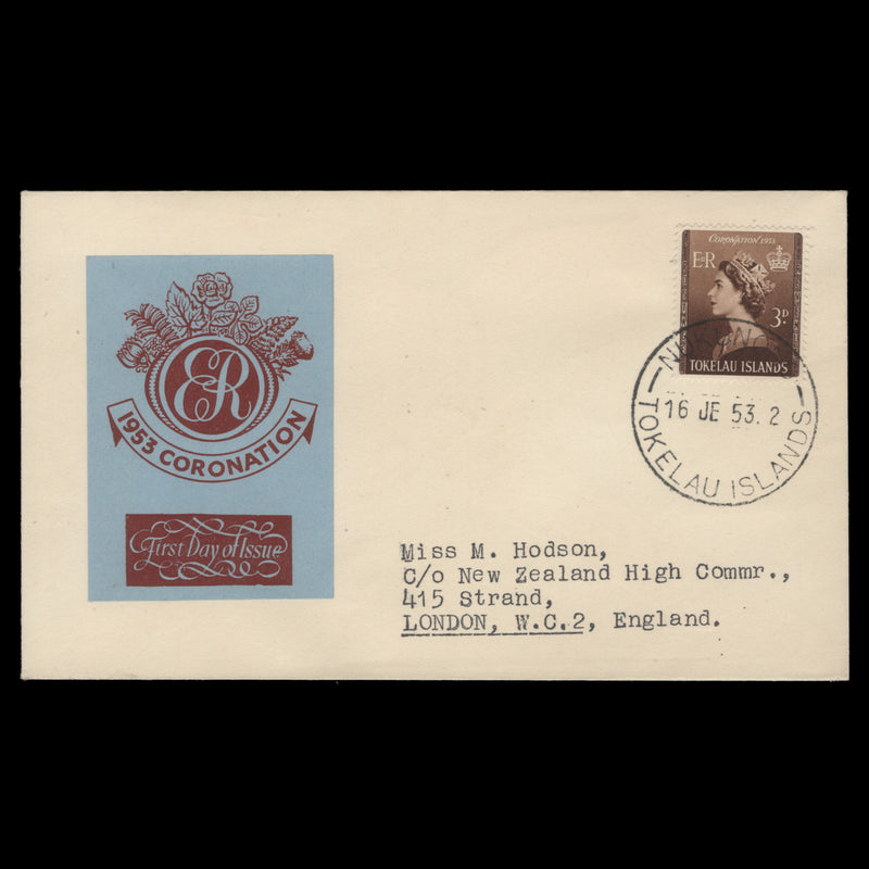 Tokelau 1953 (FDC) 3d Coronation, NUKUNONO