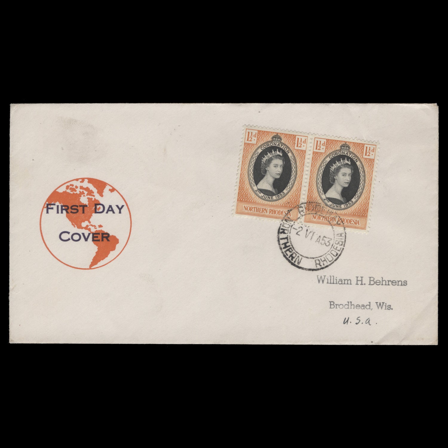 Northern Rhodesia 1953 (FDC) 1½d Coronation pair, RIDGEWAY – ZEBOOSE.COM