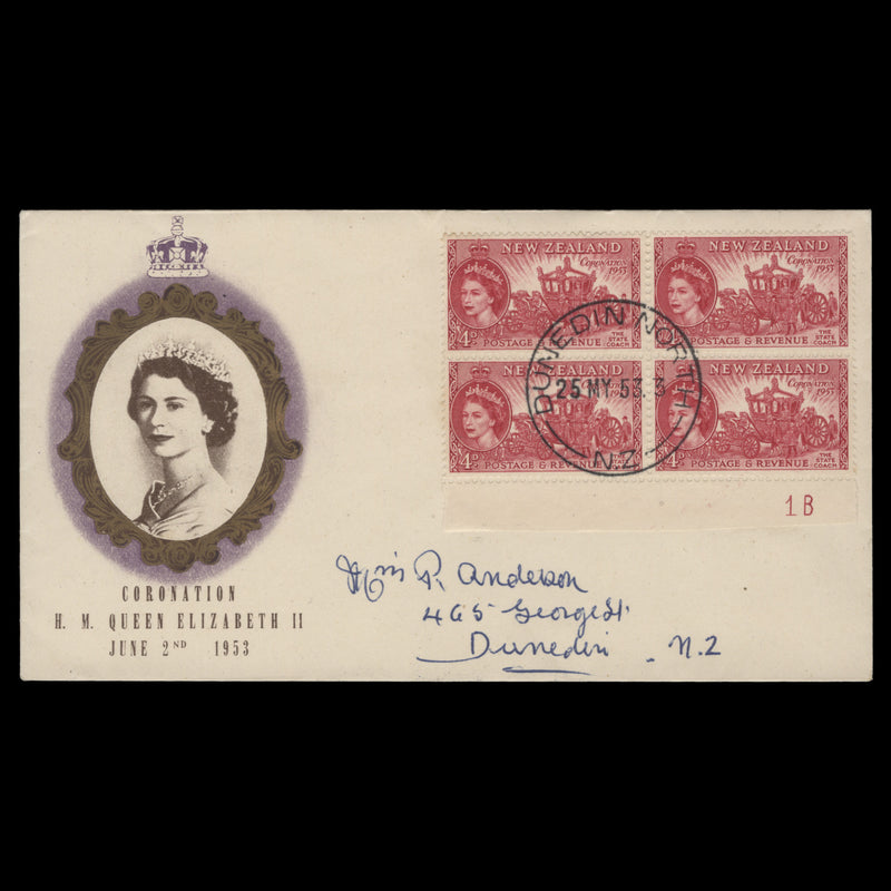 New Zealand 1953 (FDC) 4d Coronation plate block, DUNEDIN NORTH