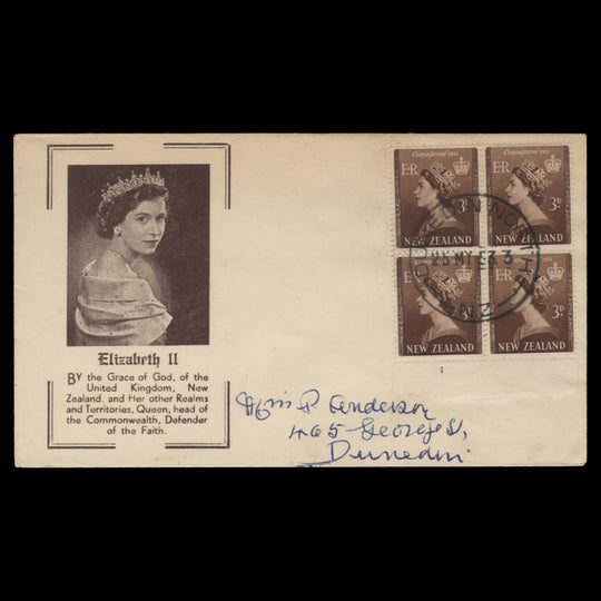 New Zealand 1953 (FDC) 3d Coronation plate block, DUNEDIN NORTH