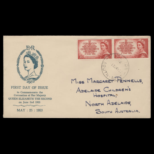 Australia 1953 (FDC) 3½d Coronation pair, ADELAIDE