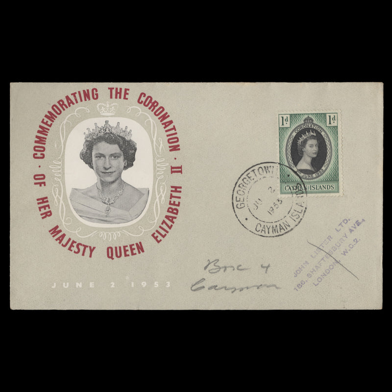 Cayman Islands 1953 (FDC) 1d Coronation, GEORGETOWN