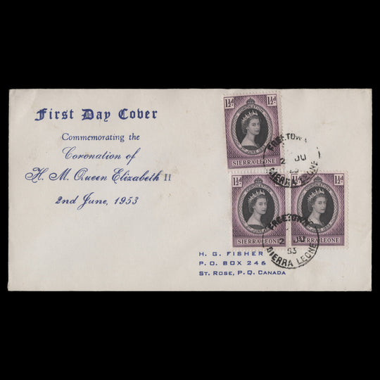 Sierra Leone 1953 (FDC) 1½d Coronation singles, FREETOWN