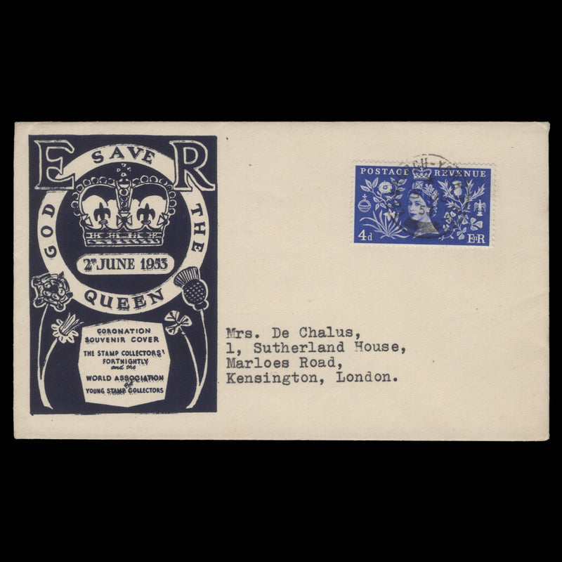 Great Britain 1953 (FDC) 4d Coronation, EDINBURGH-YORK TPO