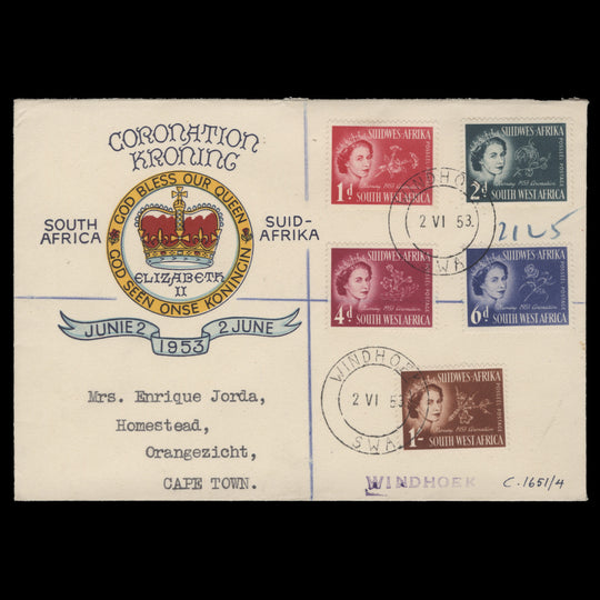 South West Africa 1953 (FDC) Coronation, WINDHOEK