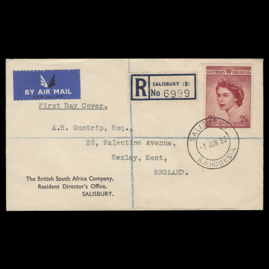 Southern Rhodesia 1953 (FDC) 2s6d Coronation, SALISBURY