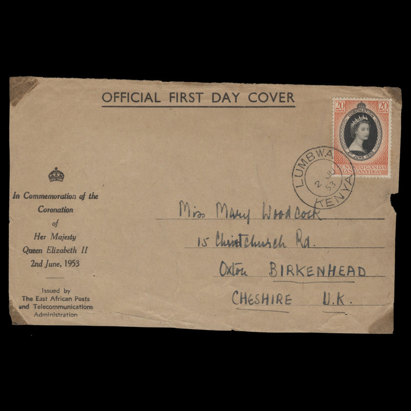 Kenya Uganda Tanganyika 1953 (FDC) 20c Coronation, LUMBWA