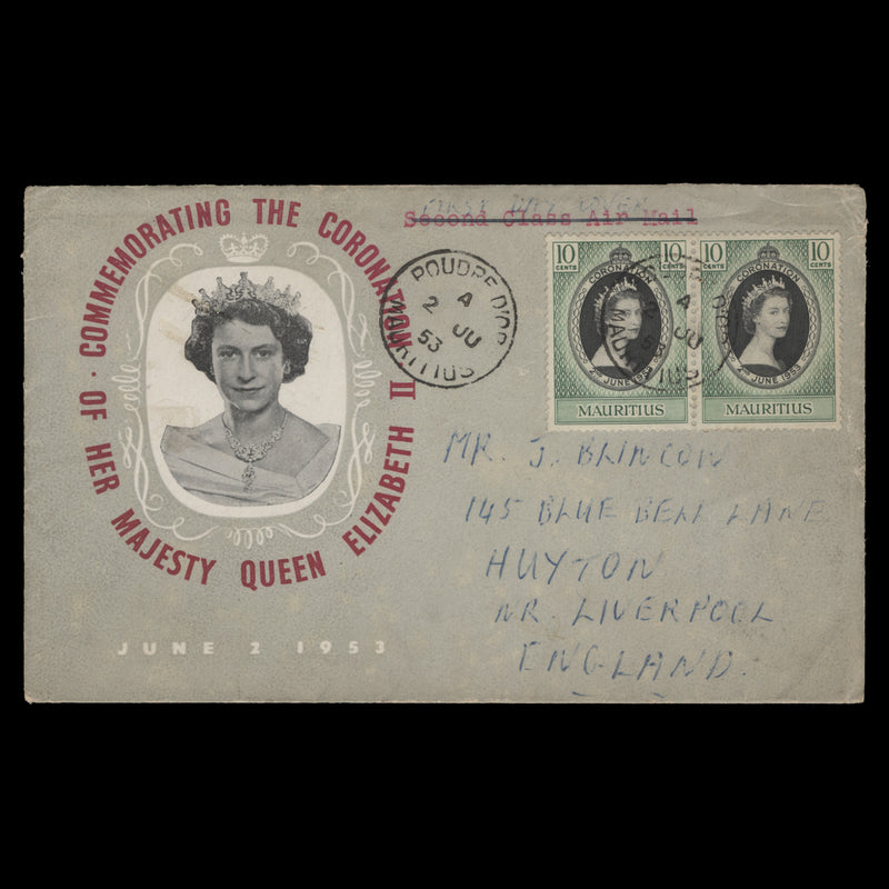Mauritius 1953 (FDC) 10c Coronation pair, POUDRE D'OR
