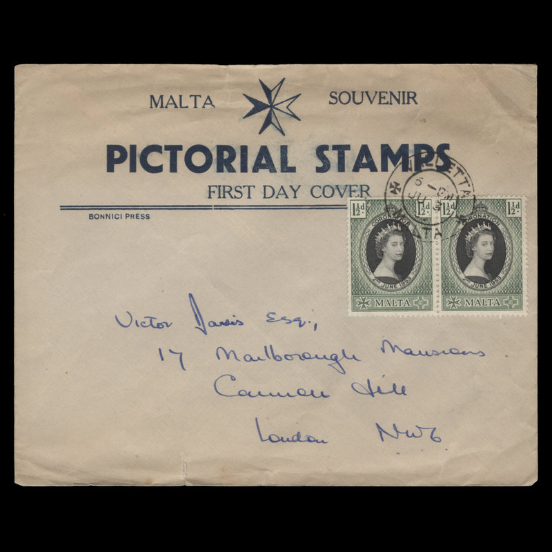 Malta 1953 (FDC) 1½d Coronation pair, VALLETTA