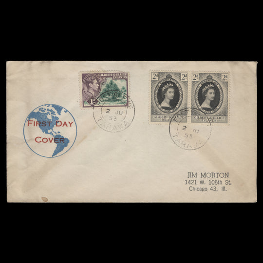 Gilbert & Ellice Islands 1953 (FDC) 2d Coronation pair, TARAWA
