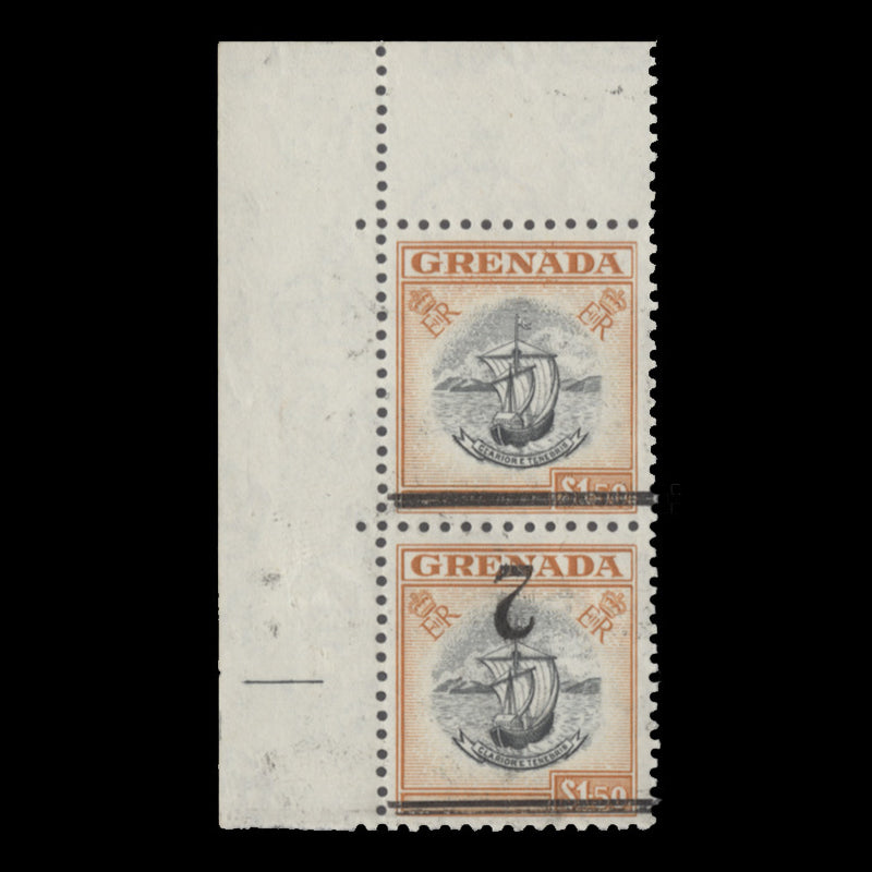 Grenada 1965 (Variety) 2c/$1.50 Colony Badge revenue pair