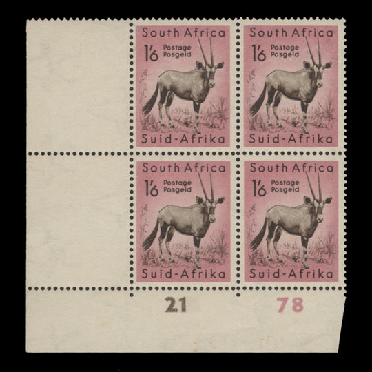 South Africa 1954 (MNH) 1s6d Gemsbok cylinder 21–78 block