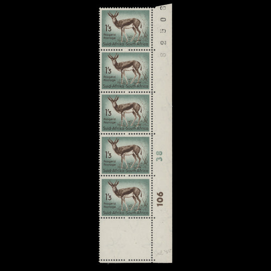 South Africa 1954 (MLH) 1s3d Springbok sheet number/cylinder 106–38 strip