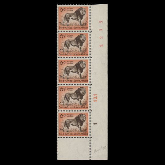 South Africa 1954 (MNH) 6d Lion sheet number/cylinder 1–121 strip
