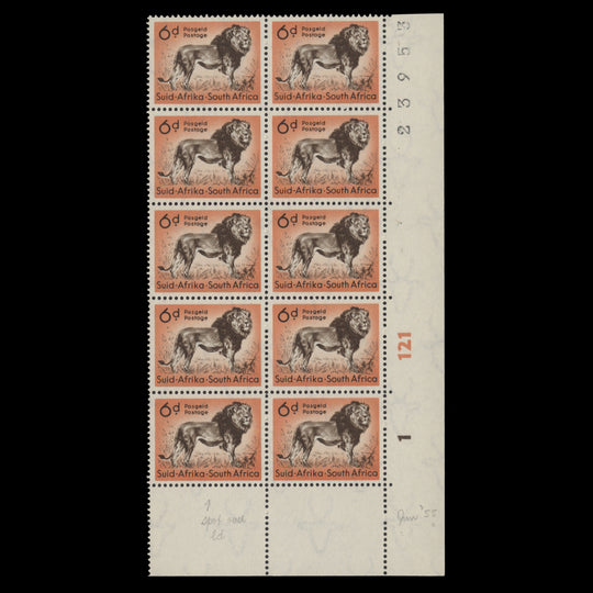 South Africa 1954 (MLH) 6d Lion sheet number/cylinder 1–121 block