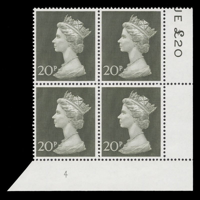 Great Britain 1970 (MNH) 20p Olive-Green plate 4 block