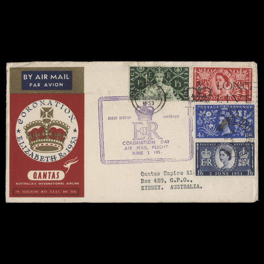 Great Britain 1953 Coronation first day Qantas cover, LONDON FS