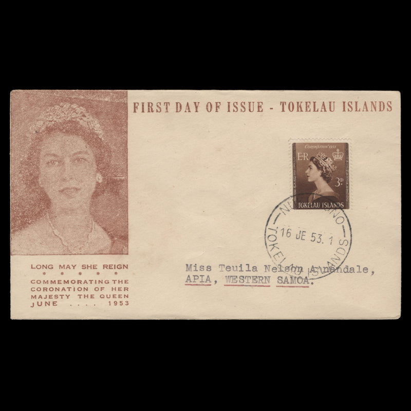 Tokelau 1953 (FDC) 3d Coronation, NUKUNONO