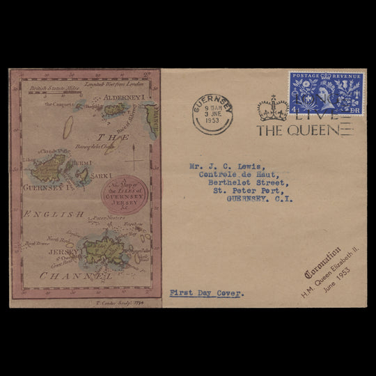 Great Britain 1953 (FDC) 4d Coronation, GUERNSEY