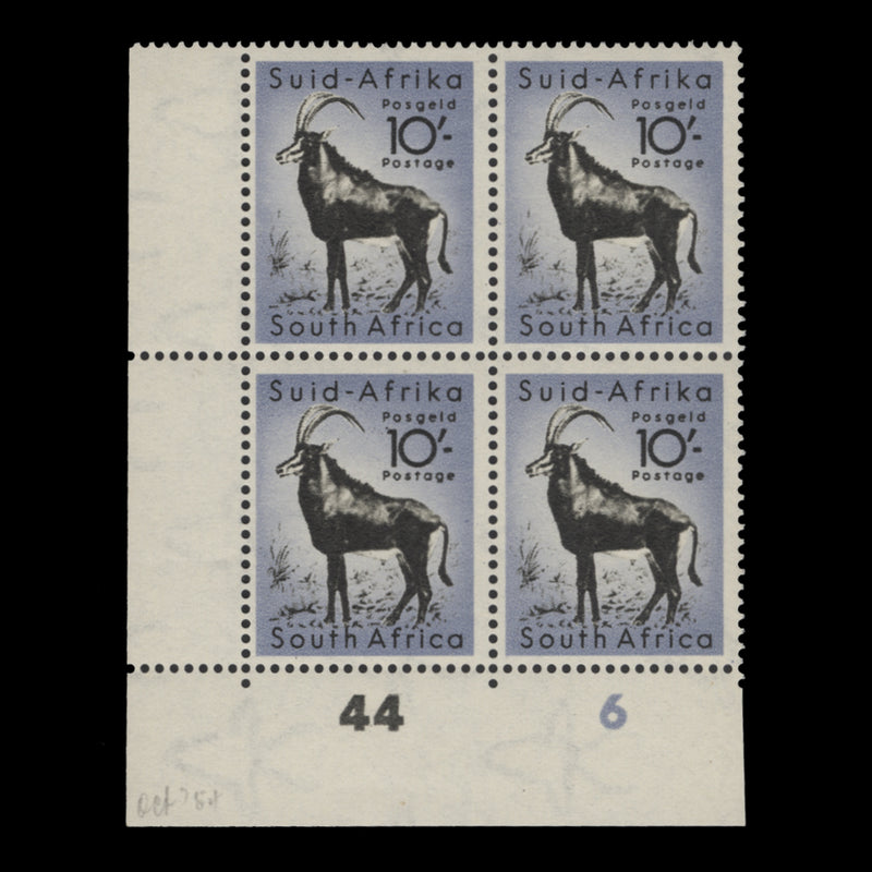 South Africa 1954 (MLH) 10s Sable Antelope cylinder 44–6 block
