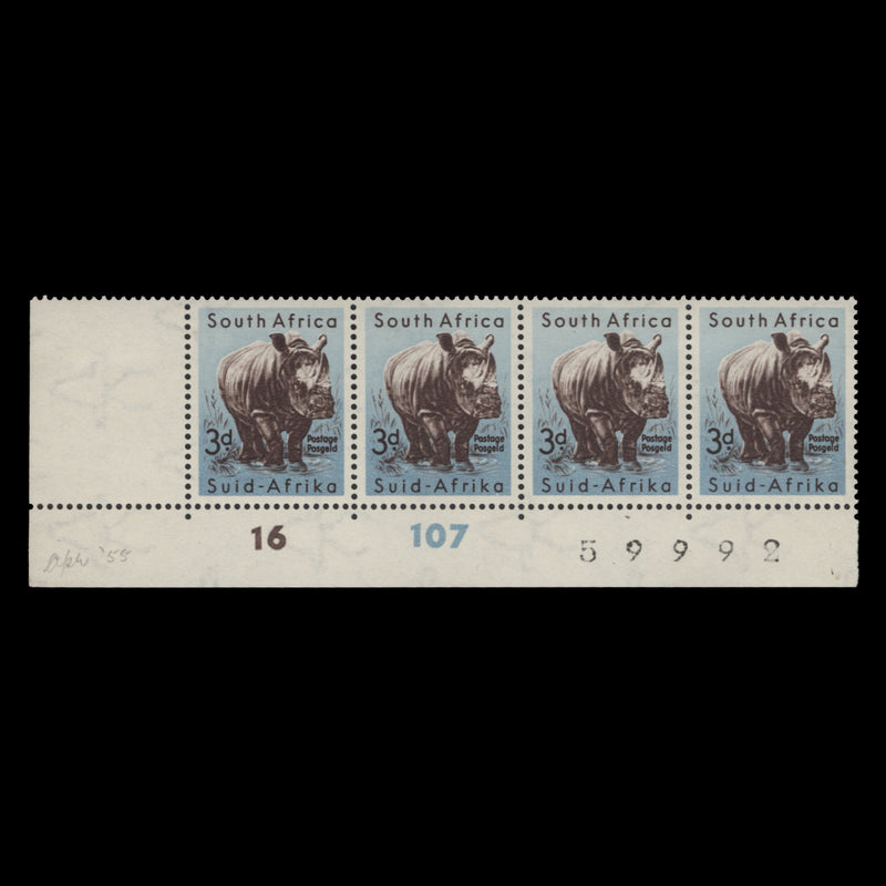 South Africa 1954 (MNH) 3d White Rhinoceros sheet number/cylinder 16–107 strip