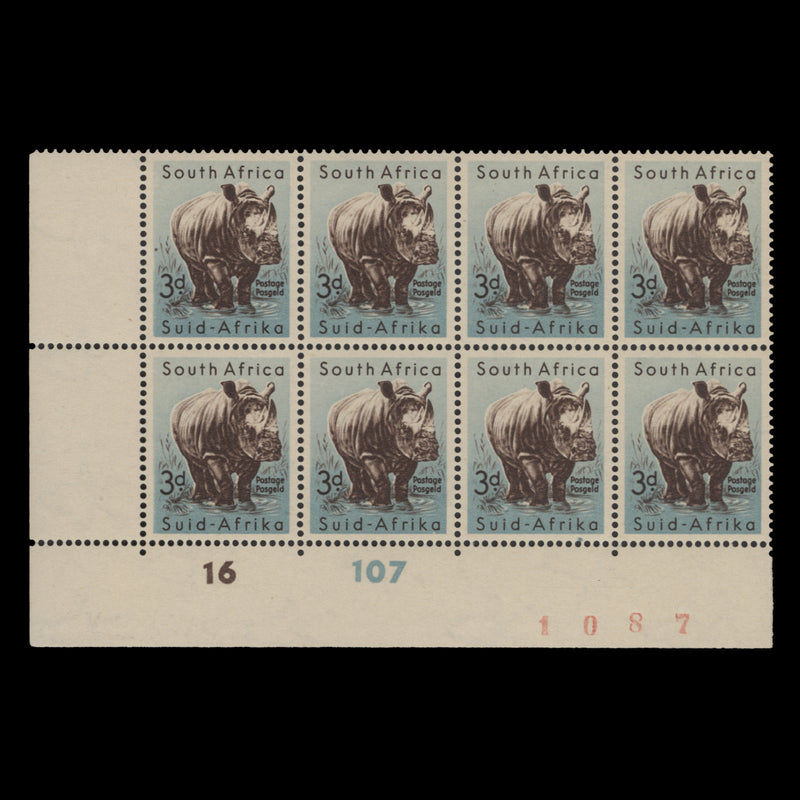 South Africa 1954 (MNH) 3d White Rhinoceros sheet number/cylinder 16–107 block