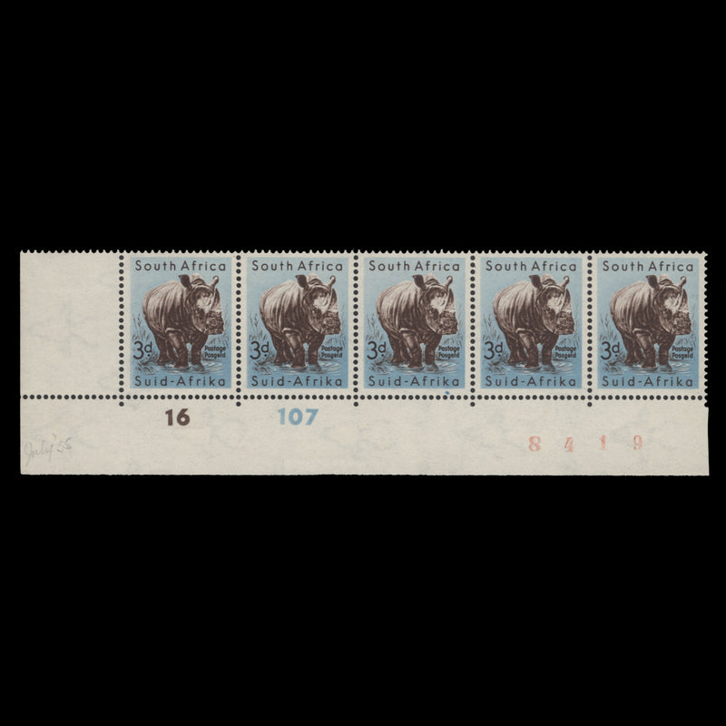 South Africa 1954 (MLH) 3d White Rhinoceros sheet number/cylinder 16–107 strip