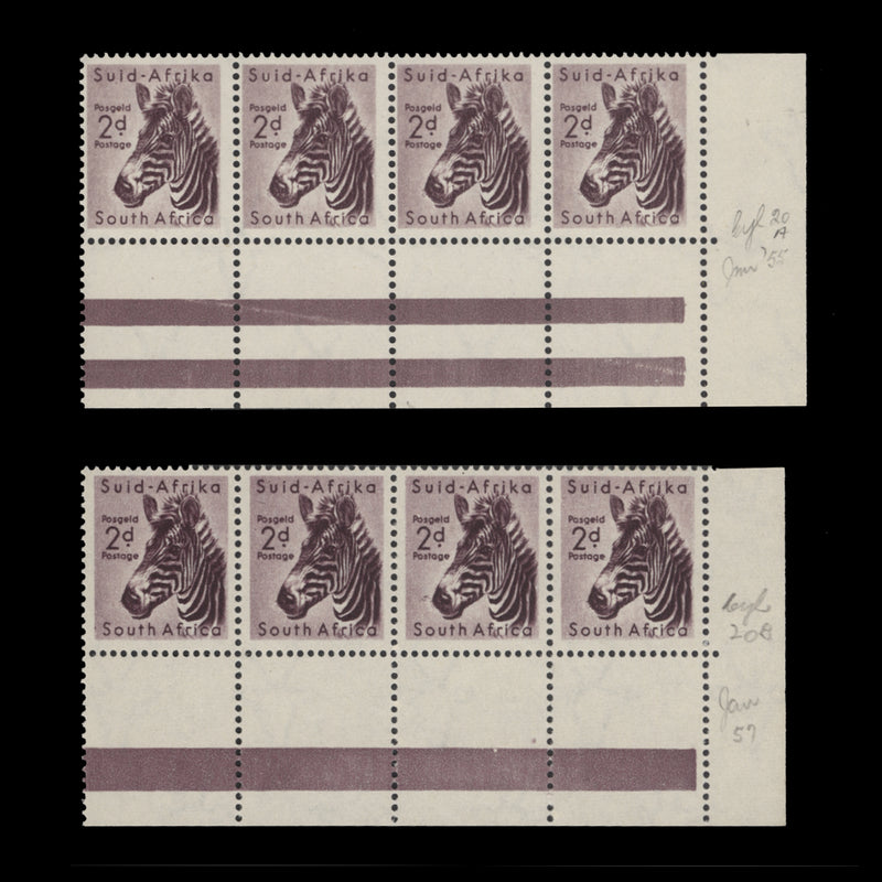 South Africa 1955 (MLH) 2d Mountain Zebra strips from cylinder 20 printing