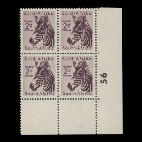 South Africa 1954 (MNH) 2d Mountain Zebra cylinder 56 block