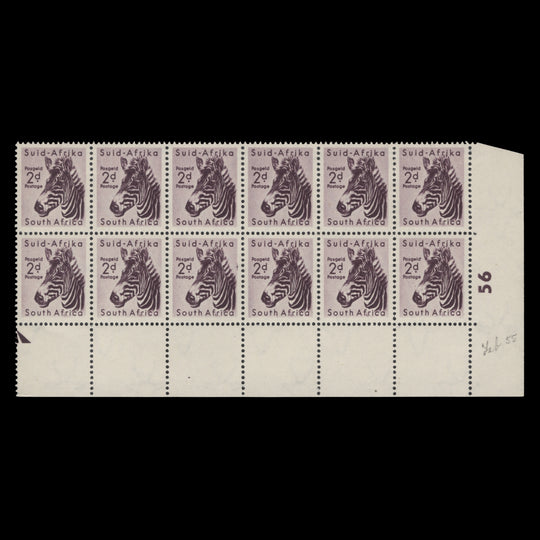 South Africa 1954 (MLH) 2d Mountain Zebra cylinder 56 block