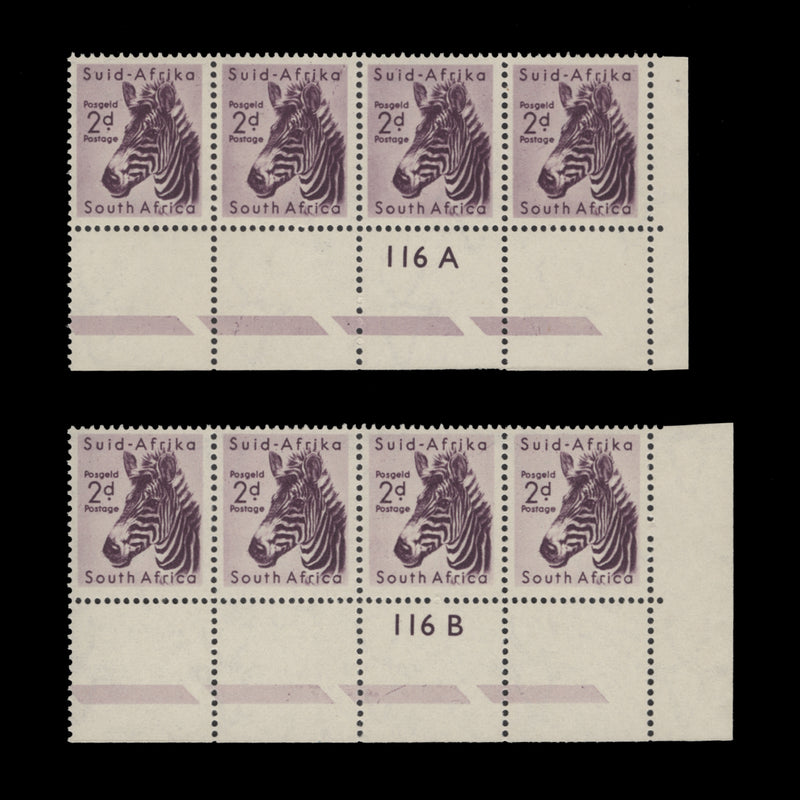 South Africa 1958 (MLH) 2d Mountain Zebra cylinder 116A and B strips