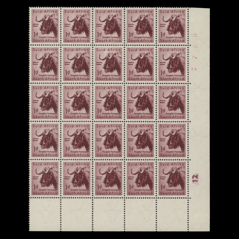 South Africa 1954 (MNH) 1d Black Wildebeest sheet number/cylinder 12 block