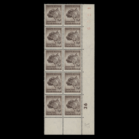 South Africa 1954 (MLH) 1½d Leopard sheet number/cylinder 36 block