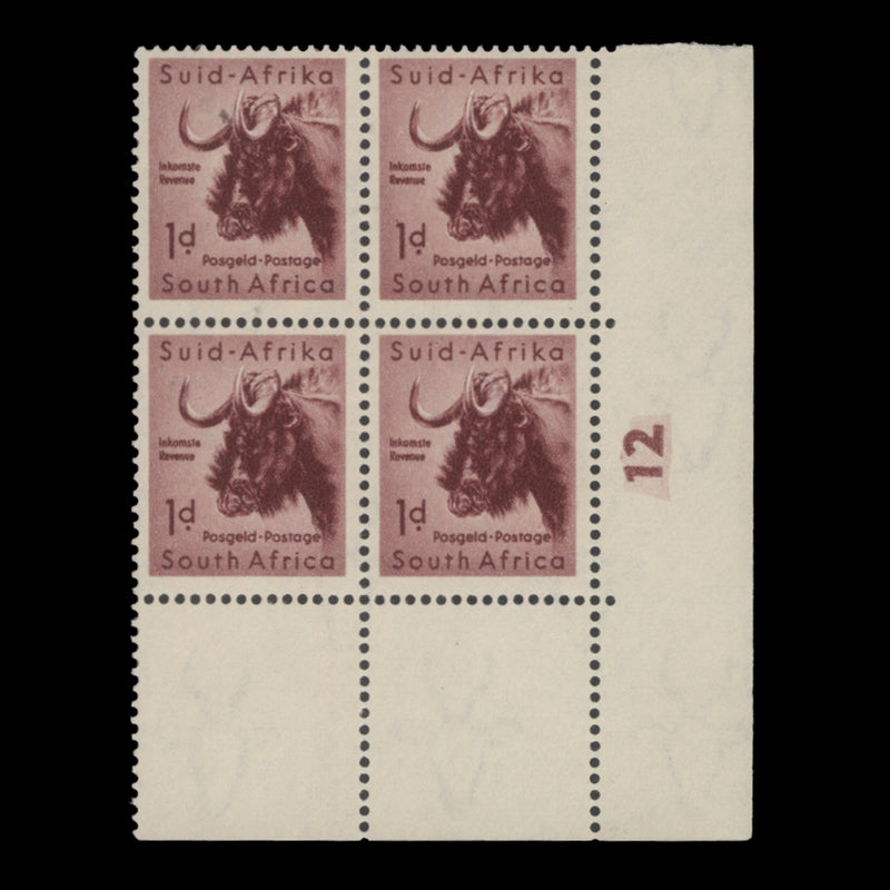 South Africa 1954 (MNH) 1d Black Wildebeest cylinder 12 block