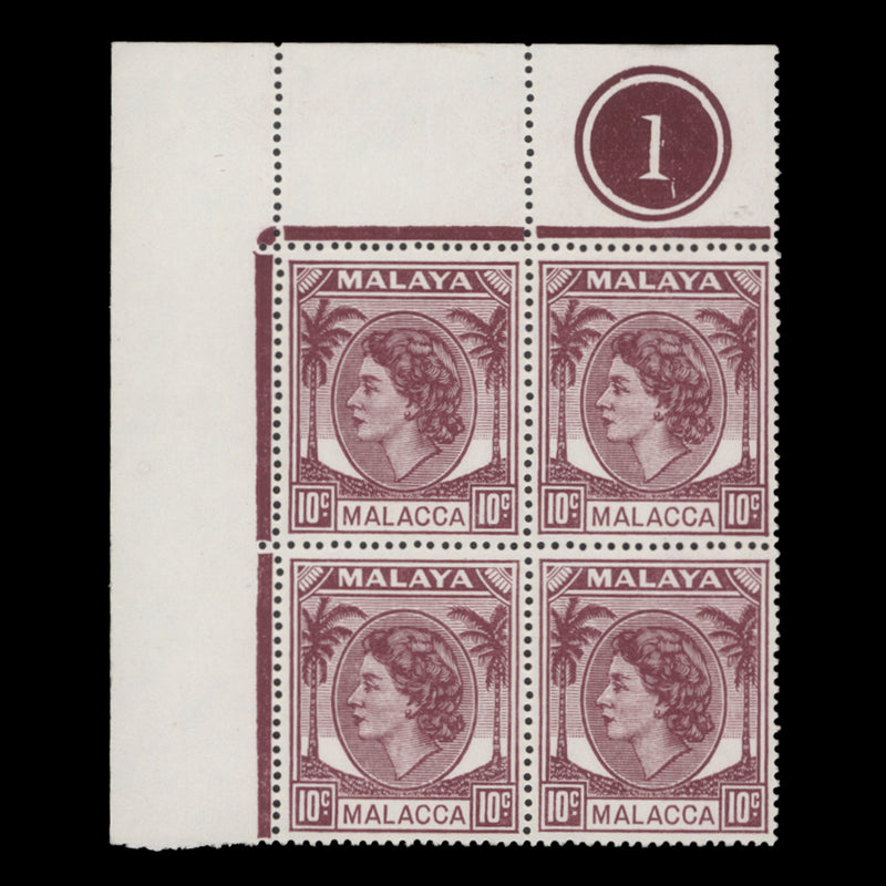 Malacca 1954 (MNH) 10c Brown-Purple plate 1 block