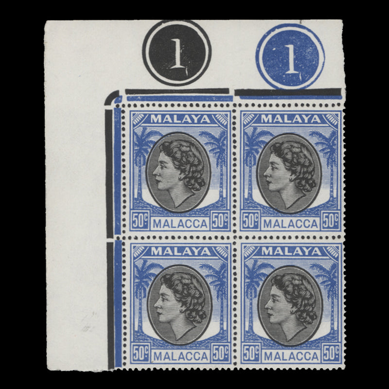 Malacca 1955 (MNH) 50c Black & Bright Blue plate 1–1 block