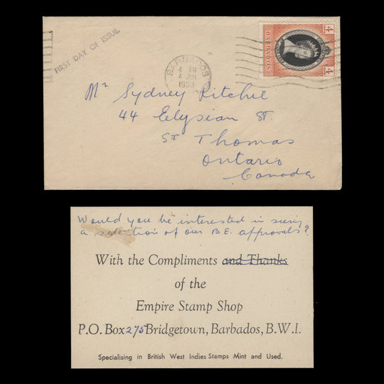 Barbados 1953 (FDC) 4c Coronation, GPO
