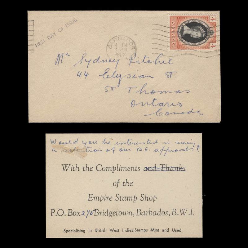 Barbados 1953 (FDC) 4c Coronation, GPO