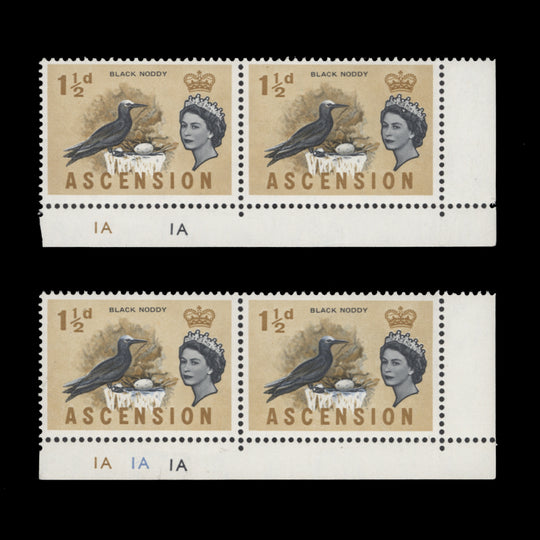 Ascension 1963 (Variety) 1½d Black Noddy plate pair missing cobalt