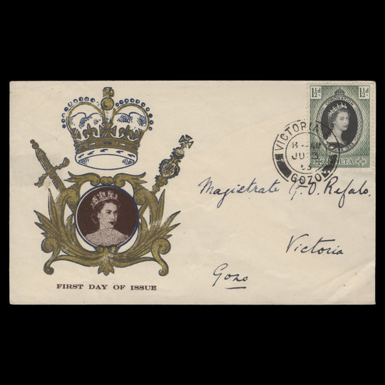 Malta 1953 (FDC) 1½d Coronation, VICTORIA BO