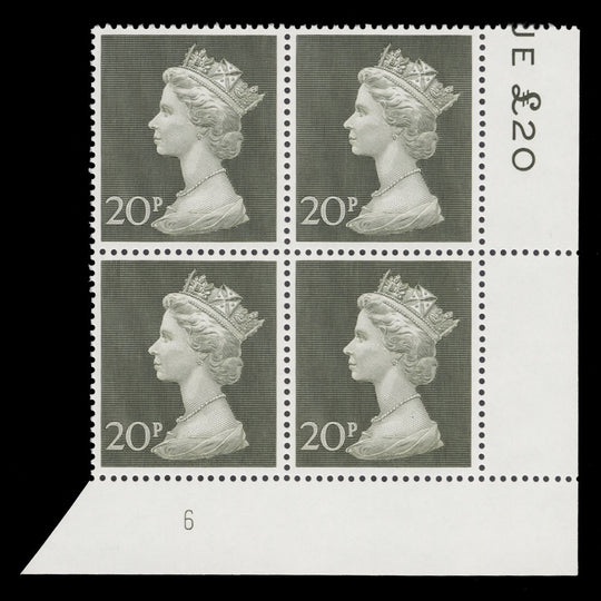 Great Britain 1970 (MNH) 20p Olive-Green plate 6 block
