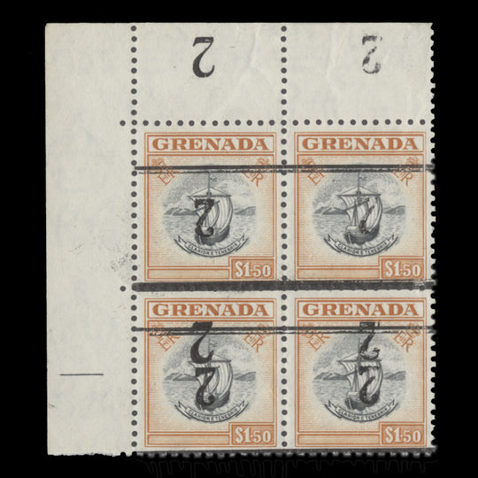 Grenada 1965 (Variety) 2c/$1.50 Colony Badge block with inverted surcharge