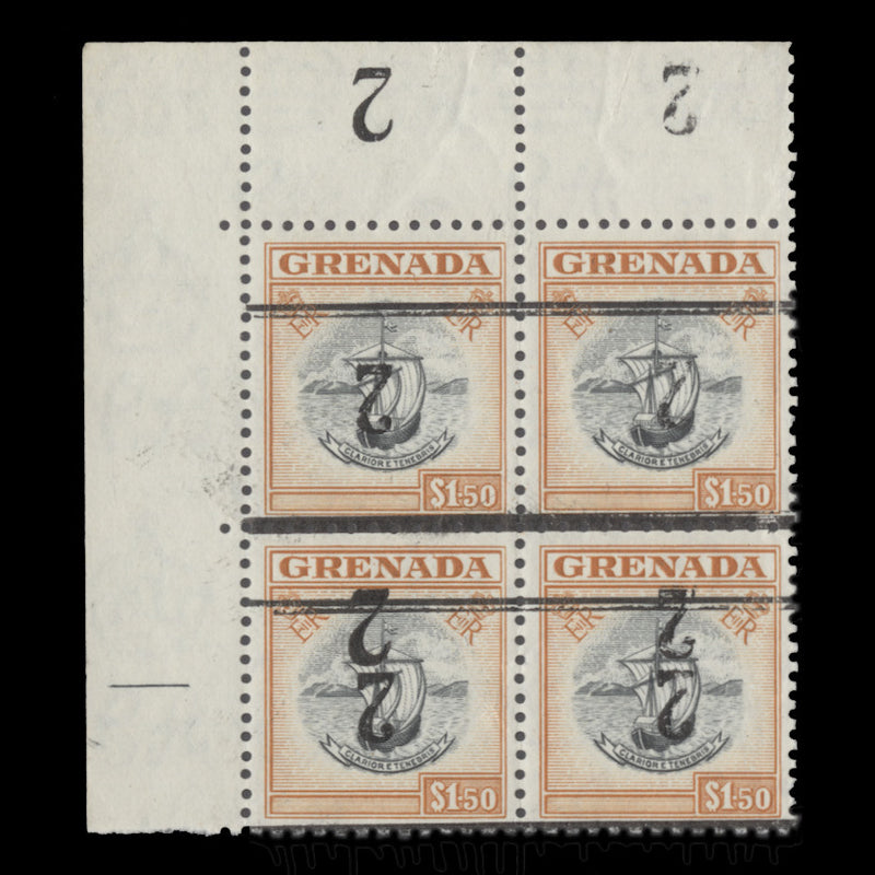 Grenada 1965 (Variety) 2c/$1.50 Colony Badge block with inverted surcharge
