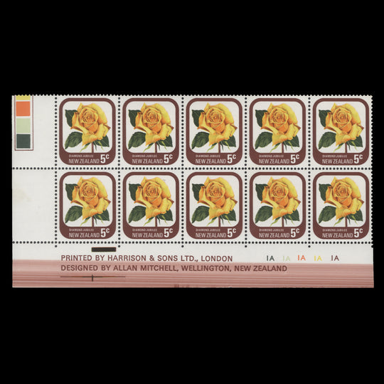 New Zealand 1975 (Variety) 5c Diamond Jubilee plate block with blade flaw