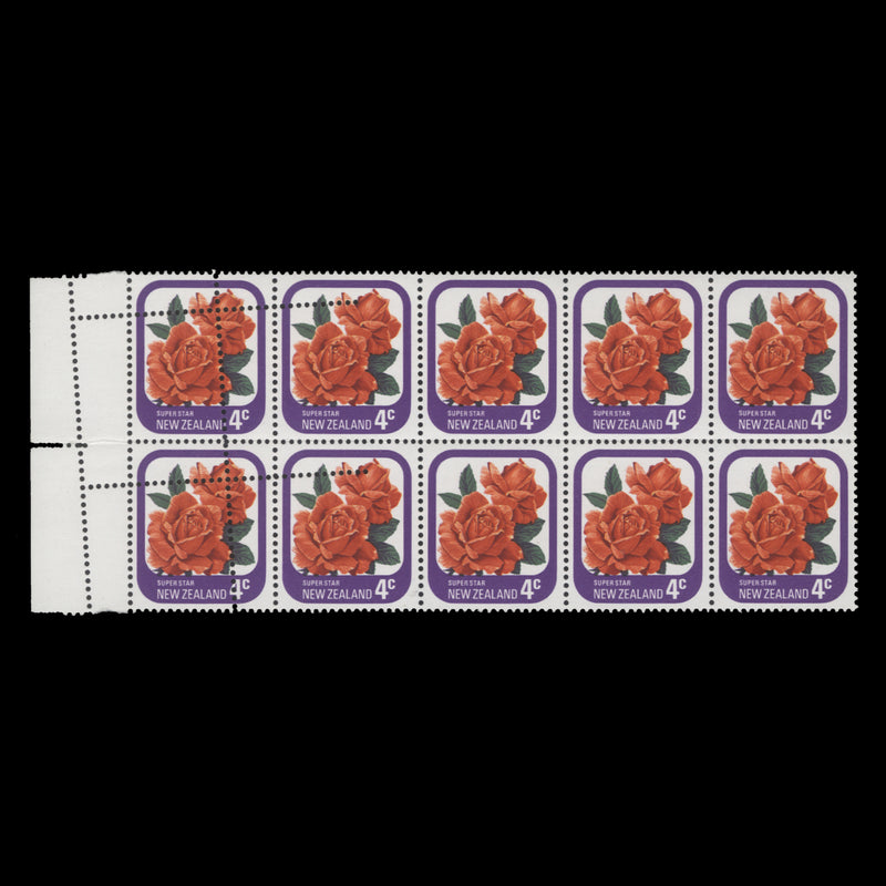 New Zealand 1975 (Variety) 4c Super Star block with double perf strike