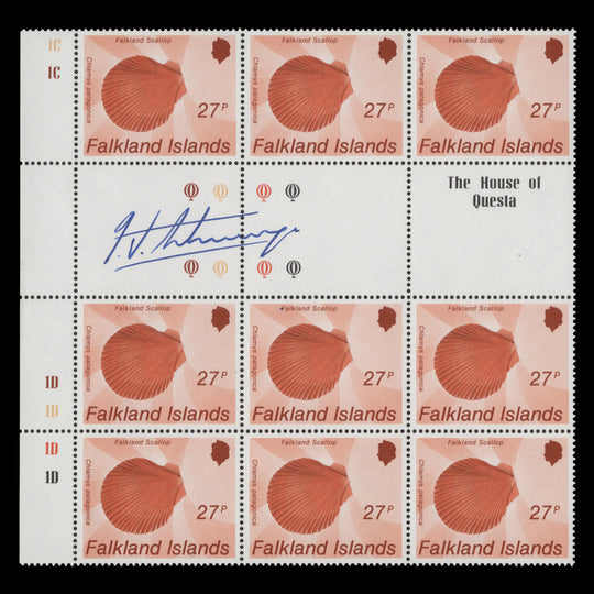 Falkland Islands 1986 (MNH) 27p Scallop gutter block signed by designer