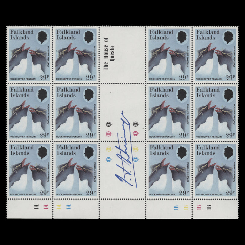 Falkland Islands 1986 (MNH) 29p Rockhopper Penguin block signed by designer