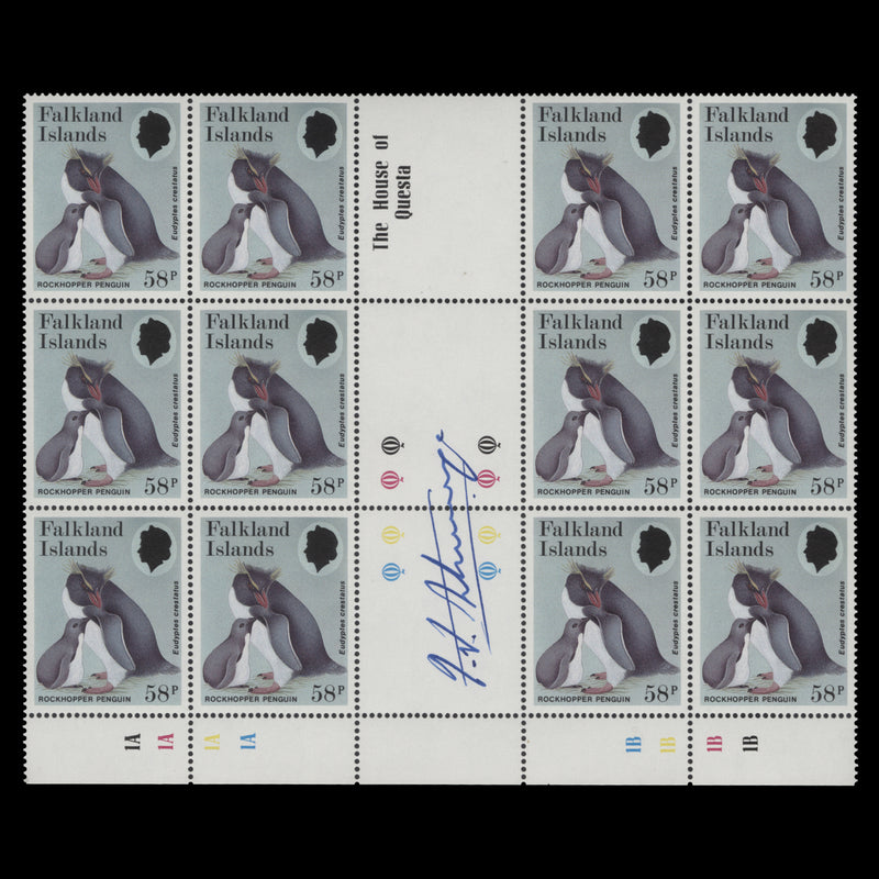 Falkland Islands 1986 (MNH) 58p Rockhopper Penguin block signed by Ian Strange
