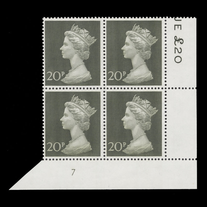 Great Britain 1970 (MNH) 20p Olive-Green plate 7 block
